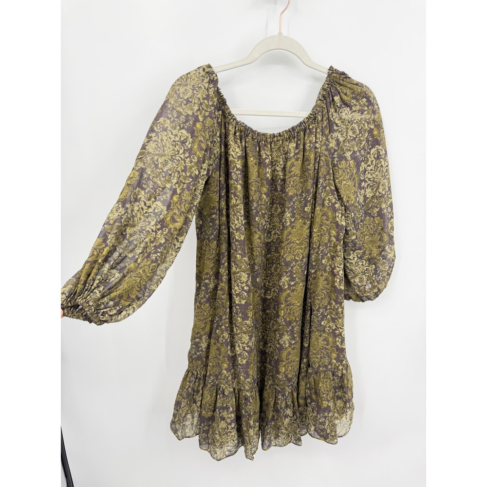 Moda International Silk Mini Dress Womens XS Green Brown Damask Ruffle Boho